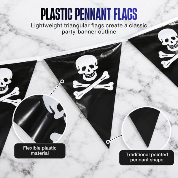 Shatchi 6m Pirate Bunting with Black Skull and Crossbones Pennants for Parties and Displays