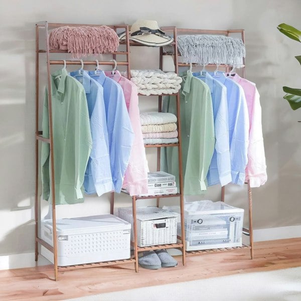 BMBO Large Wooden Open Wardrobe Garment Rail With Storage Shelves Natural