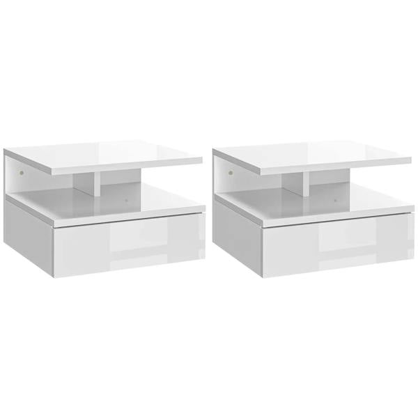 Set of two white floating bedside tables with open shelves and drawers