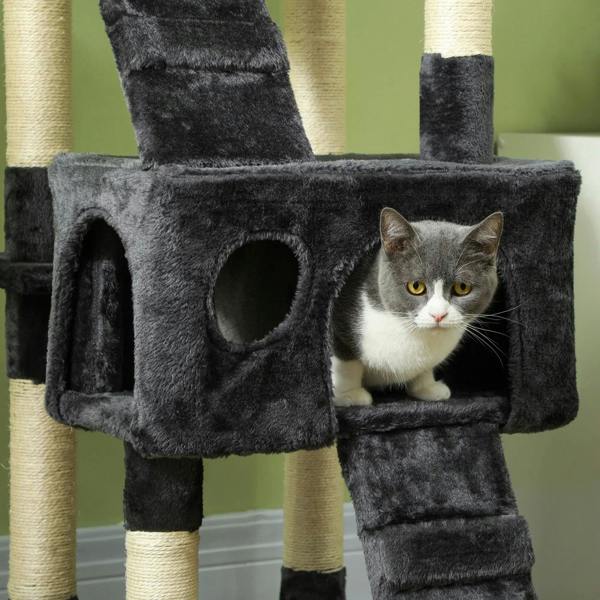Grey cat tree windowed condo perch with a sitting cat on a plush platform
