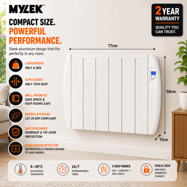 MYLEK Panel Heater Radiator 1500W Electric with Programmable Digital Timer