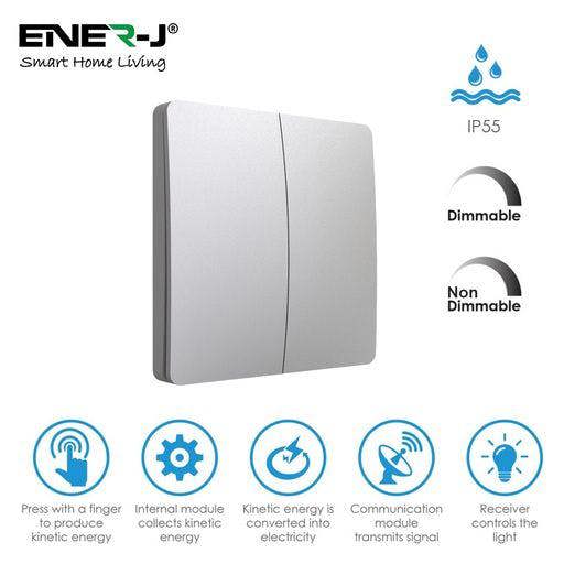 ENER-J 2 Gang Wireless Kinetic Switch, (Silver Finish) + 2 x  500W RF Receiver