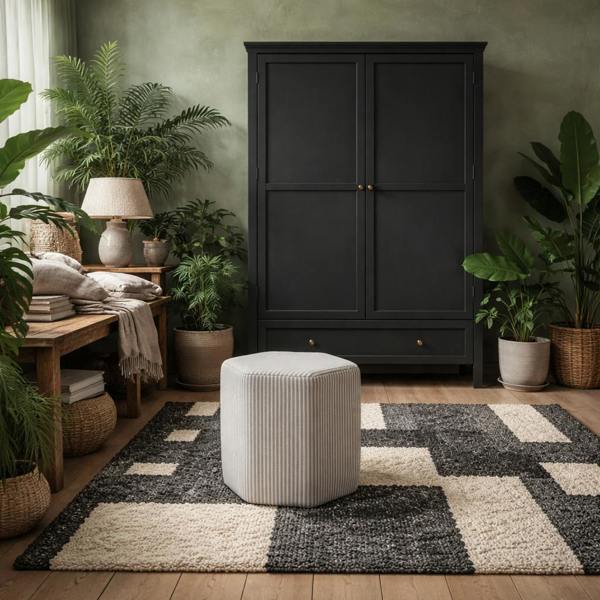Wyld Haus Isabella Grey and White Stripe Upholstered Stool Hexagon Stool