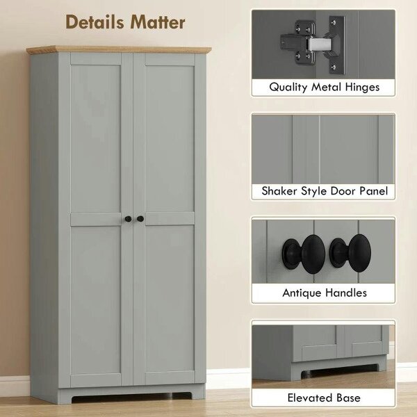 Kitchen Cupboard, 172cm Freestanding Storage Cabinet with Doors and Shelves, Grey