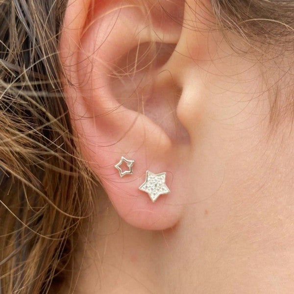 Sterling Silver Edged Sparkle Star Stud - Reeves & Reeves