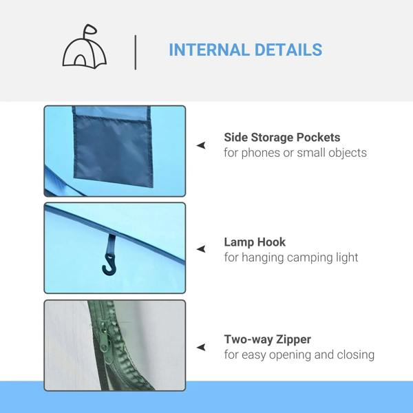 Tent interior features: side storage pockets, lamp hook, and two-way zipper