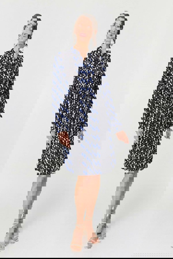 Blue | Geo Print Tie Waist Knee Length Dress
