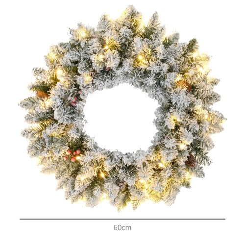 HOMCOM 60cm Flocked Christmas Wreath with Lights Pine Cones Berries Green