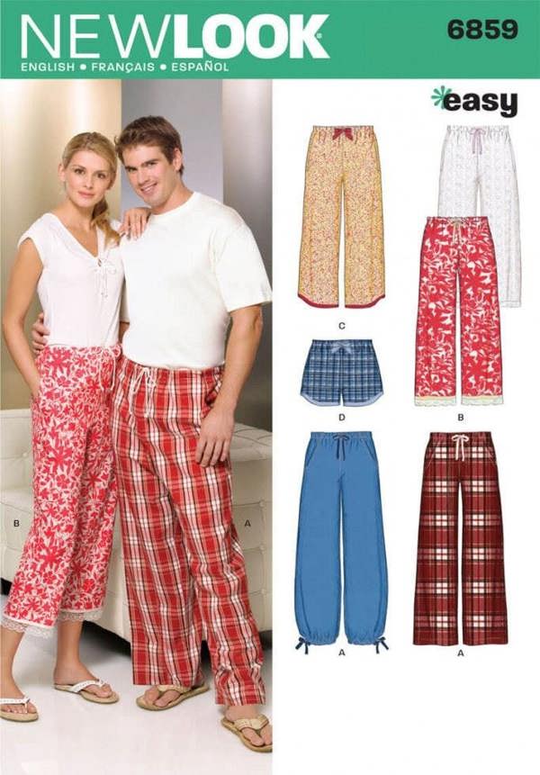 New Look Sewing Pattern 6859, Trousers, Pyjamas, Shorts for Men, Women, XS-S-M-L-XL - Beginner, Easy