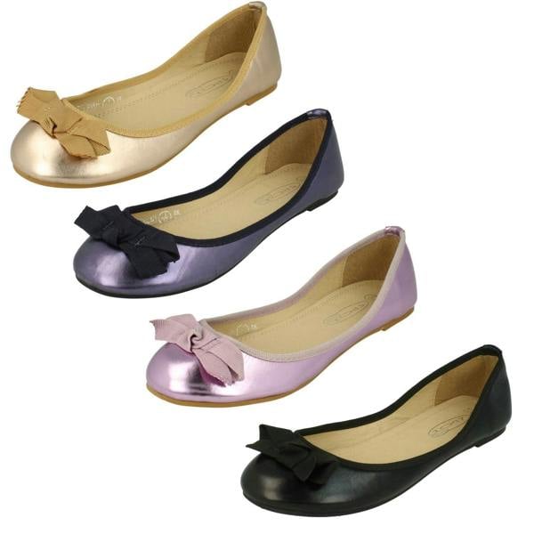Spot On Ladies Spot On Flat Ballerina Ribbon Bow Vamp Shoe