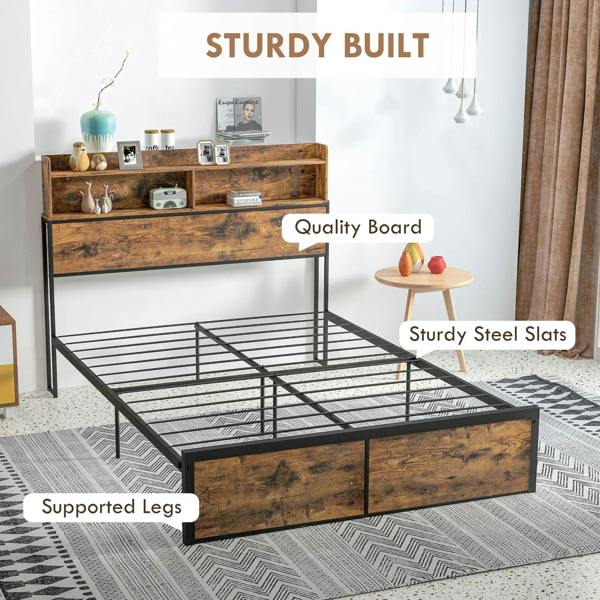 Sturdy rustic brown double bed frame with storage headboard shelves and black steel slats