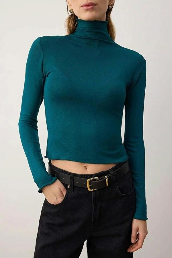 WOVCOR Transparent Stand Collar Flexible Regular Knit Blouse
