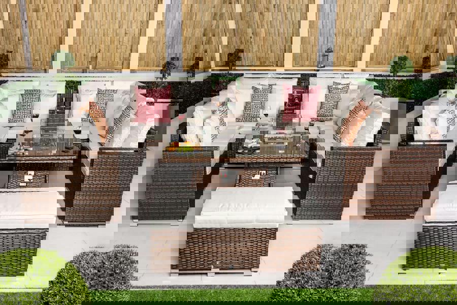 Giardino Havana 8 Seat Modular Sofa Rattan Garden Furniture Set Outdoor Drinks Cooler & Fire Pit Coffee Table, Bench