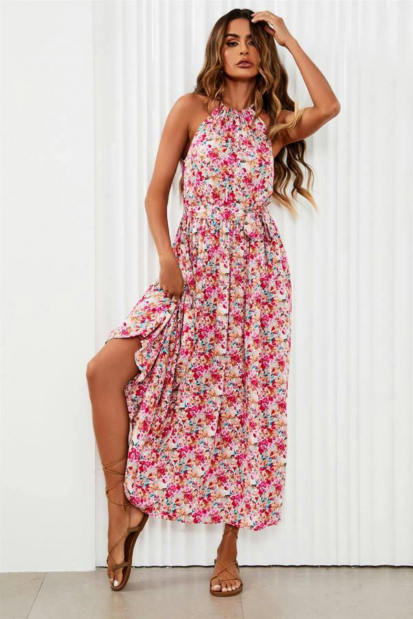 FS Collection Floral Tie Halterneck Maxi Dress In Pink