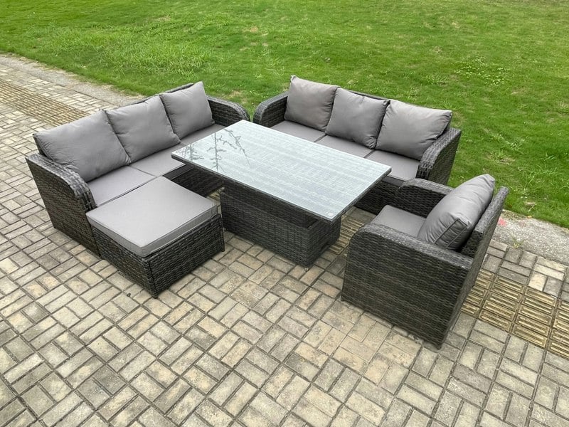 Fimous 8 Seater Rattan Outdoor Furniture Set - Dark Grey Mixed with Height Adjustable Dining Table, Sofa & Reclining Chair