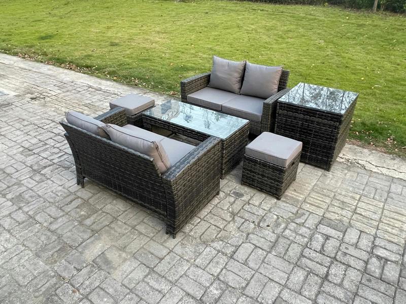 Fimous 6 Pieces Garden Set, Poly Rattan Outdoor Patio Furniture, PE Wicker, Side Table, 2 Small Footstools, Loveseat and Table, Dark Grey Mixed