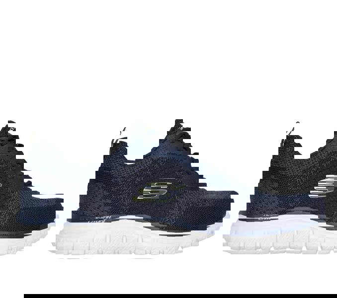 Skechers Track Glendor Mens Lace Up Gym Memory Foam Sport Trainers, navy blue athletic sneakers with white sole and Skechers logo detailing for fitness and running.