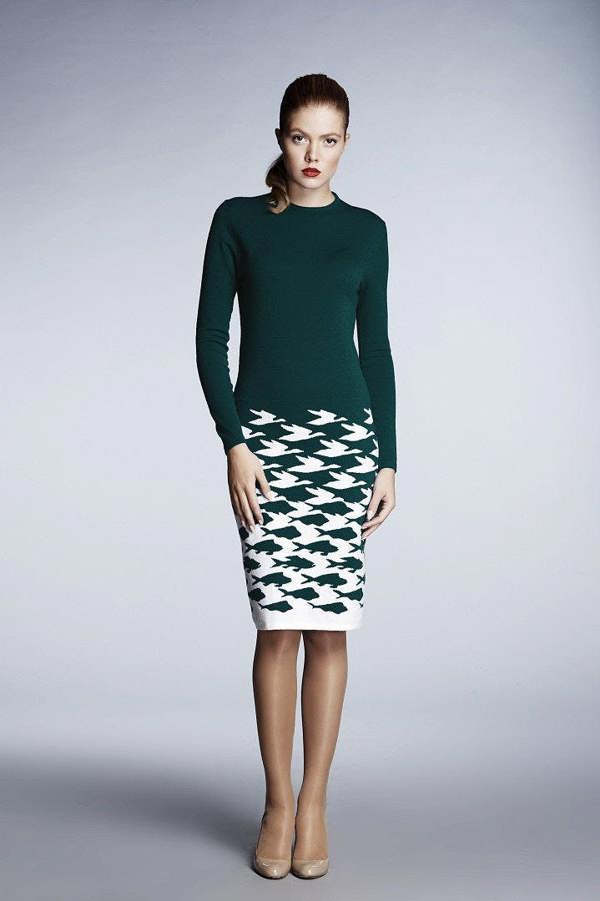 Sea & Sky forest green illusion houndstooth knitted jacquard dress