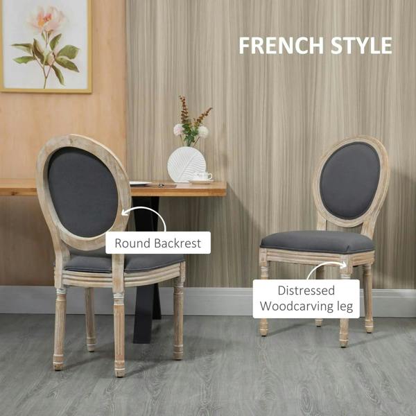 Grey dining chair with round oval backrest and distressed wooden legs