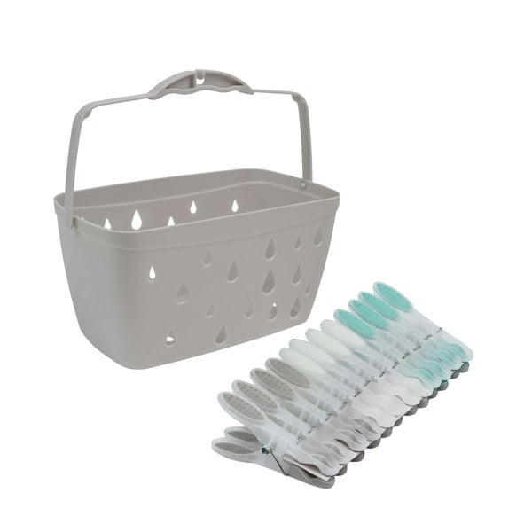 JVL Plastic Peg Basket, Grey with 48 Soft Grip Plastic Pegs, Aqua