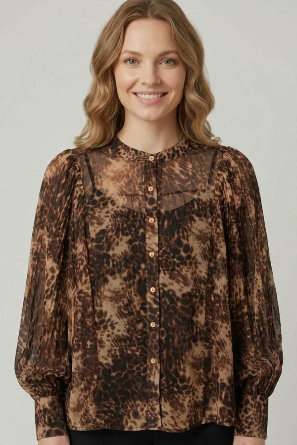 Brown | Animal Print Balloon Sleeve Shirt