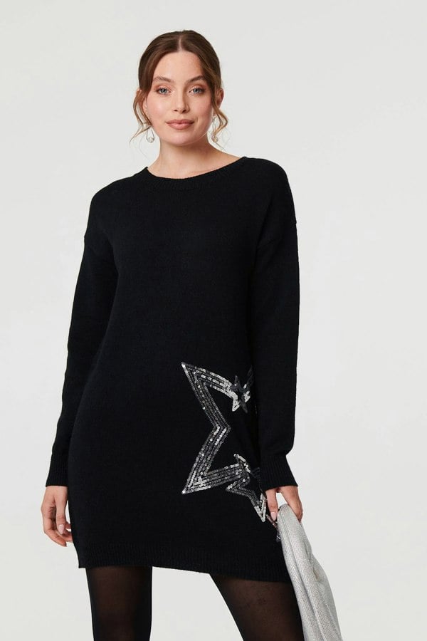 Black | Sequin Star Long Sleeve Knit Short Dress
