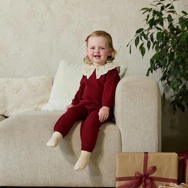 Mini Cuddles Baby Girls Broderie Collar Top & Joggers Set, Burgundy