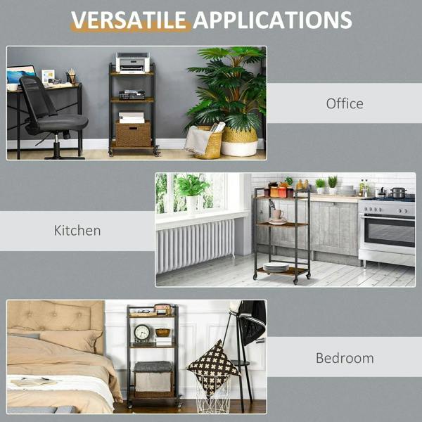 3-tier rolling utility cart with black frame and rustic brown shelves