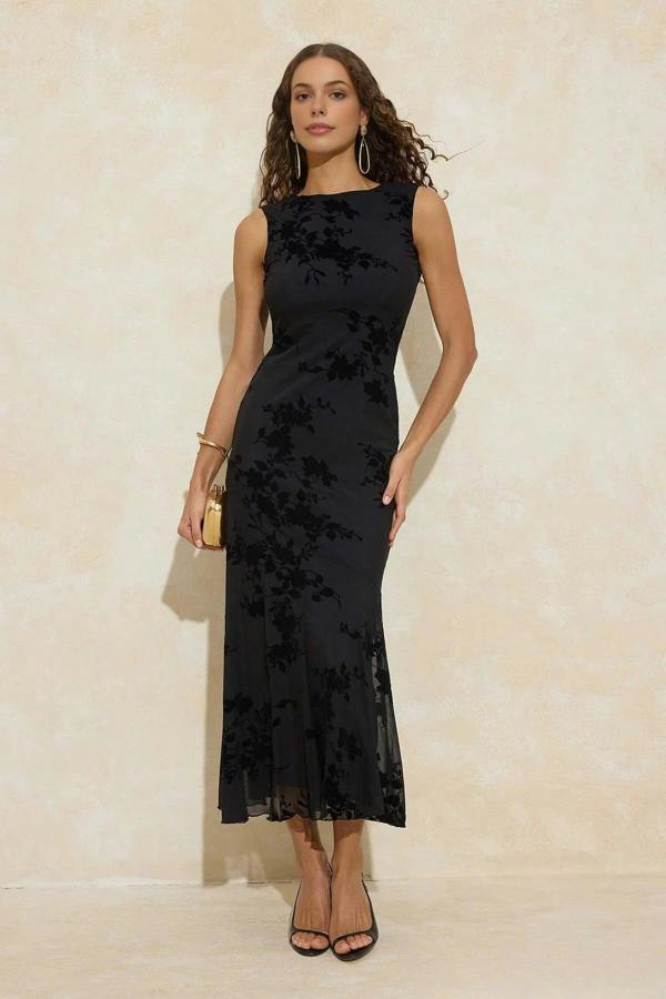WOVCOR Floral Patterned Flocked Tulle Lined Maxi Dress