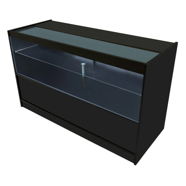 Sleek black LED retail shop counter C1500 with glass display top, illuminated interior, and modern design for showcasing products