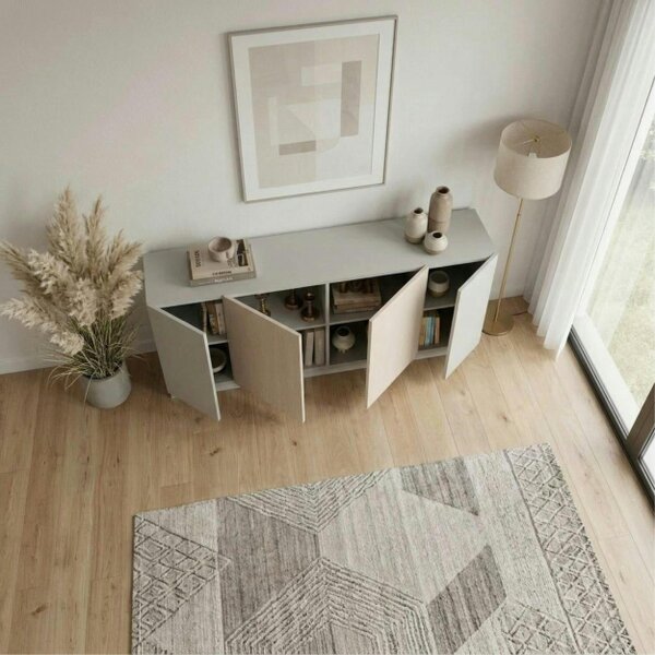 Decortie Victor Console Sideboard 4 Doors Sandstone Sonoma Oak White 170 x 42.1 x 80.3 cm (Sandstone and Sonoma Oak and White)