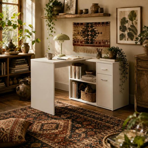 Wyld Haus Conono 173cm Wooden White Wood Grain L Shaped Desk With Drawer Shelves And Storage Cabinet