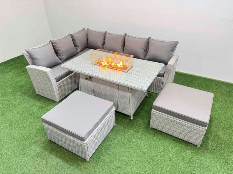 Fimous 8 Seat Rattan Garden Furniture Corner Sofa Set Outdoor Gas Fire Pit Table Sets with 2 Big Footstools Light Grey