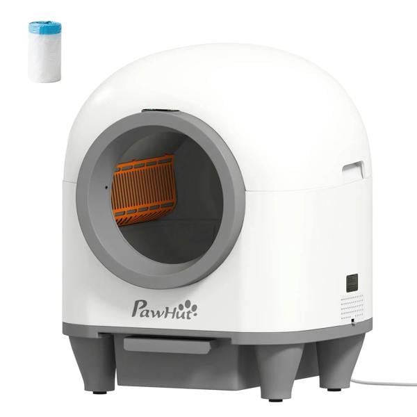 White PawHait self-cleaning cat litter tray with round entrance and internal orange rake