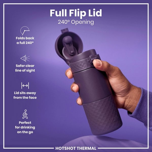 A purple thermal cup with a 240° opening lid is held; its lid folds back, away from the face, facilitating on-the-go drinking. The text on the image is: "Full Flip Lid 240° Opening," "Folds back a full 240°," "Safer clear line of sight," "Lid sits away from the face," "Perfect for drinking on the go," "HOTSHOT THERMAL," and "ION8".