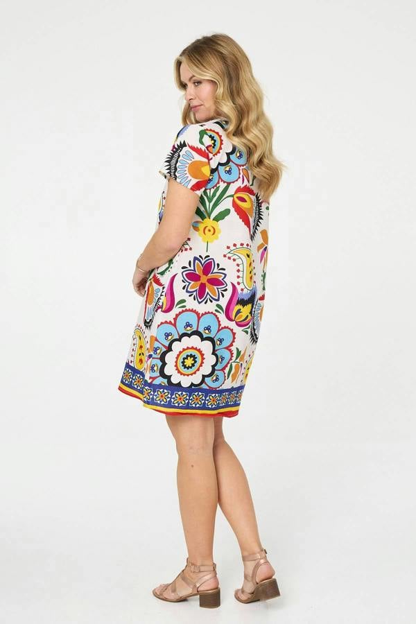 White | Floral Print Knee Length Shift Dress
