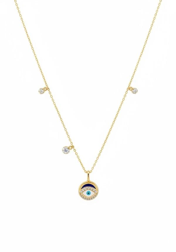 Gold necklace with an eye-shaped pendant on a white background