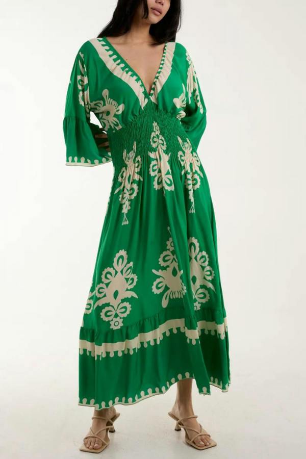 Hoxton Gal Relaxed Fit 3/4 Sleeves V Neck Printed Maxi Dress in Green