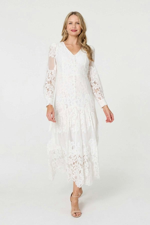 White | Floral Lace Layer Long Sleeve Maxi Dress
