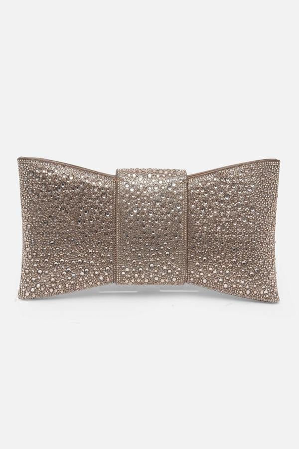 Crystal Luxe Bow Clutch Bag Rose Gold, featuring removable chain strap