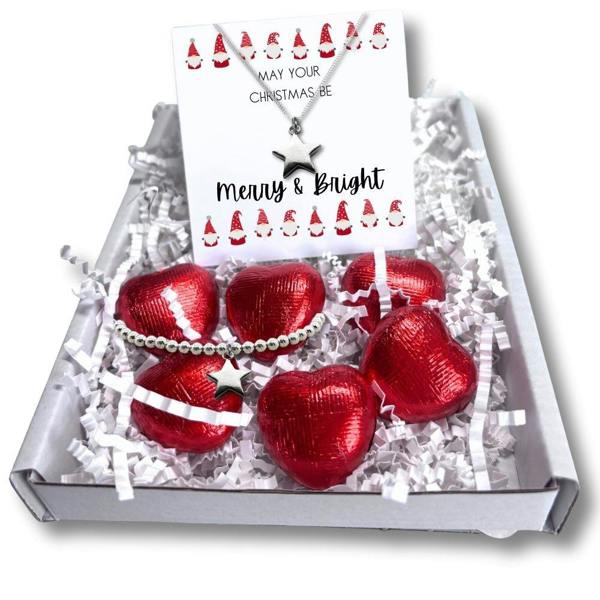 Aye Do Gifts Merry & Bright Christmas Gift Box, Silver Star Necklace & Chocolates