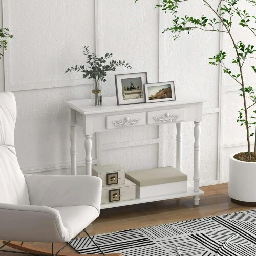 Bobobiy Console Table Modern Sofa Side Desk with Storage Shelves Drawers for Living Room Entryway Bedroom White