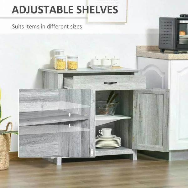Grey cabinet with open interior shelving behind barn doors and a pull-out drawer