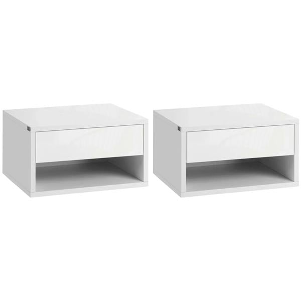 Set of two white floating bedside tables with open shelf and smooth drawer fronts