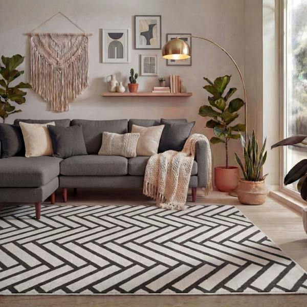 Living room with a gray sectional sofa, patterned rug, and decorative elements.