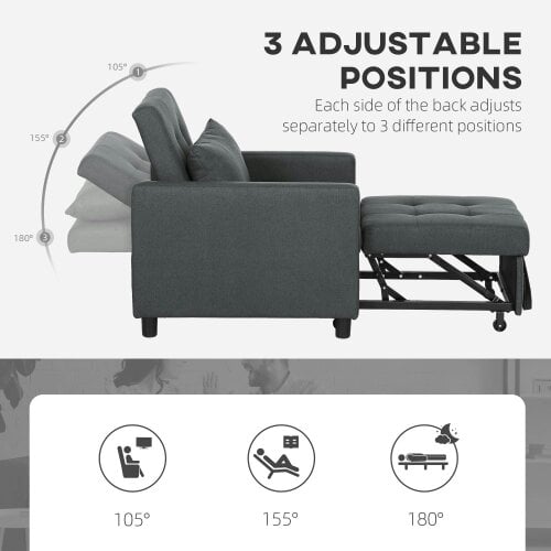 Wyld Haus Loco Suro Dark Grey 3 In One Convertible Chair Bed With Adjustable Back Cushion And Footrest