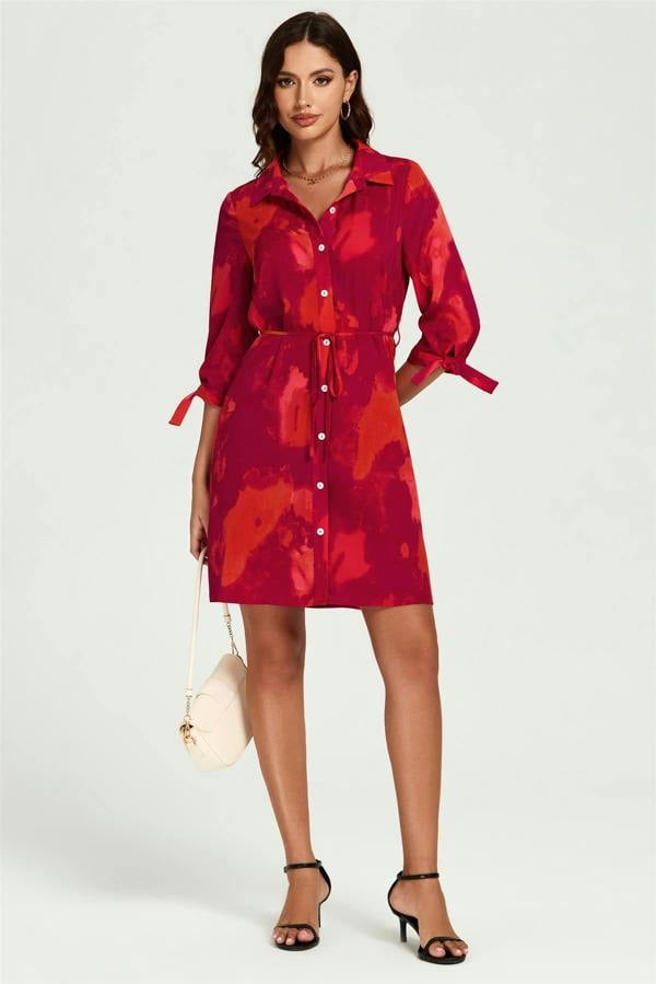 FS Collection Abstract Print Shirt Mini Dress In Red