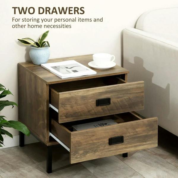 Brown retro bedside table with 2 drawers open, black handles, visible inner storage