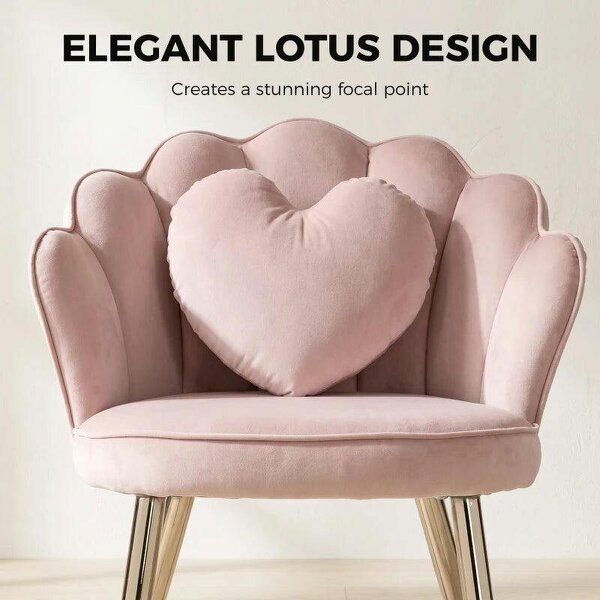 Accent Chair Velvet Upholstered Armchair Lotus Back Heart Pillow Lumbar Pillow Metal Legs Soft Pink