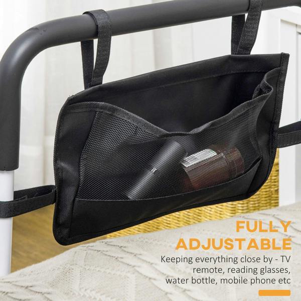 Black storage pocket attached to white bed rail with divider for small items
